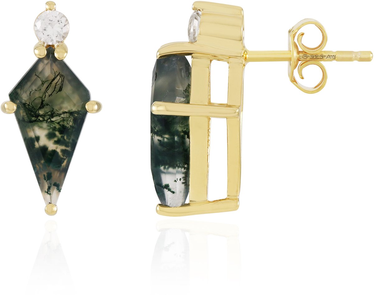 Cavill - Zilveren Oorbellen met Braziliaanse Kite Mosagaat 1,912 ct & Tanzania Zirkonen 0,688 ct - 925 Sterling Zilver Verguld - Modern Sieraad