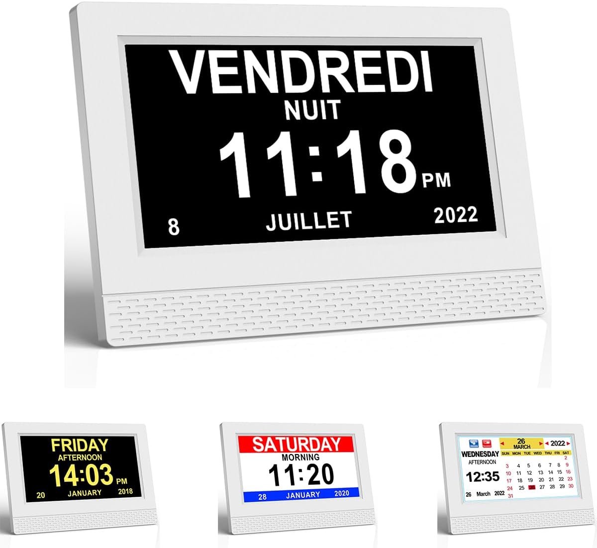 SnelShoppen - 7 Inch LED Digitale Klok met Kalender en Dimming - LCD Klok voor Alzheimer, Ouderen en Kinderen - Witte Kleur, 8 Talen, HD Scherm