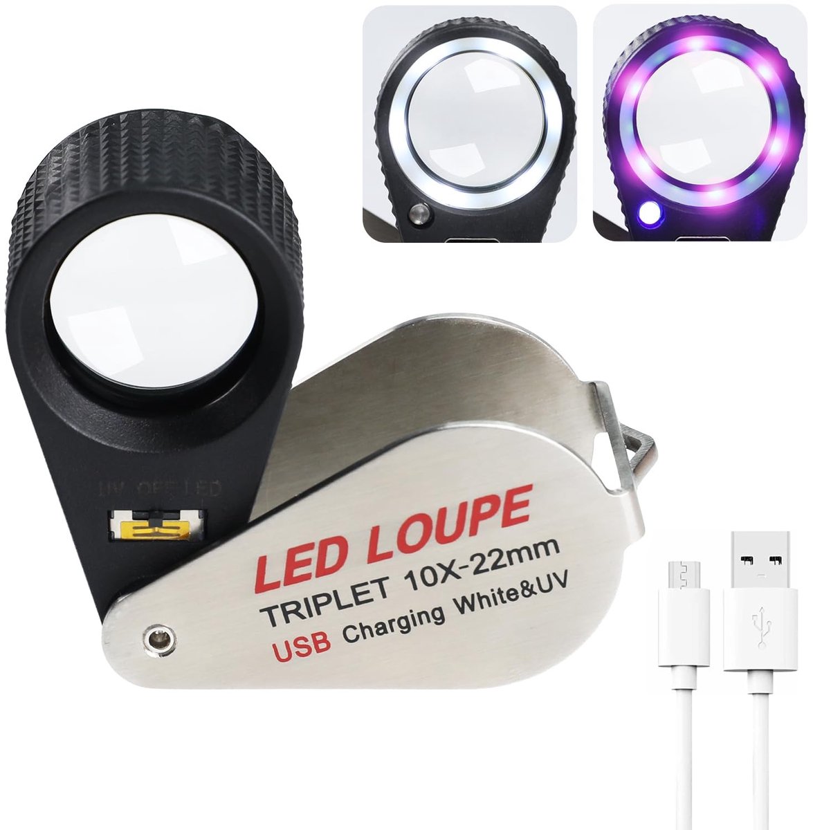 Omgoods - 10X Juweliersloep met LED en UV Licht - Oplaadbare Vouwvergrootglas voor Juweleninspectie