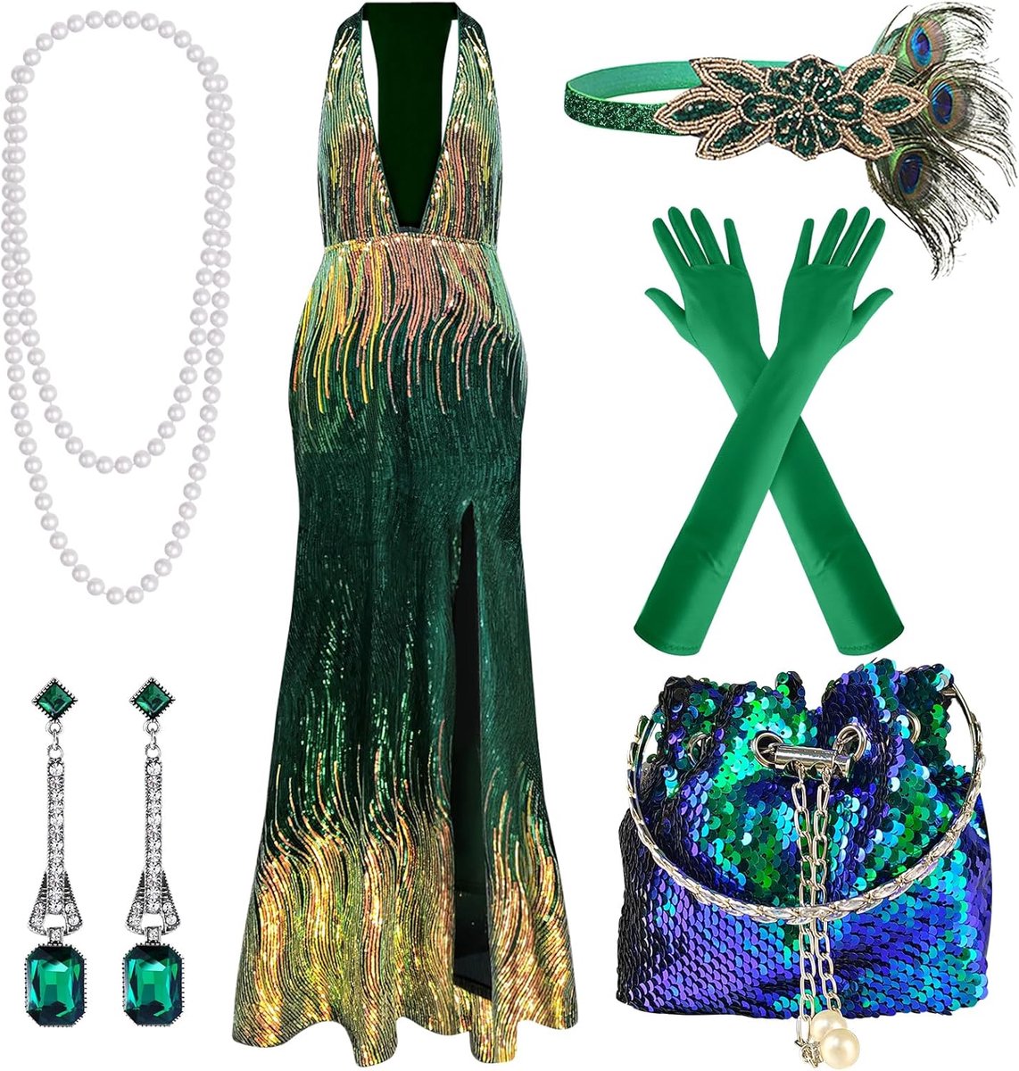 Dames jaren 20 pailletten-flapper-jurk, sexy V-hals, Gatsby-cocktailjurk met jaren 20-accessoireset (groen)