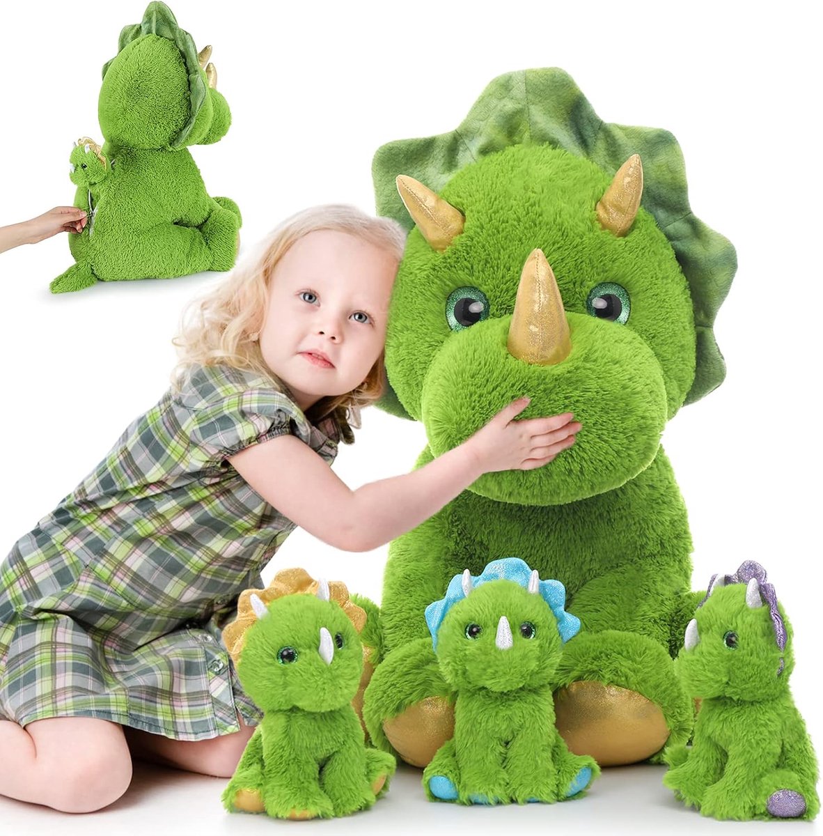 62 cm Mummie dinosaurus teddy met 3 baby's binnen, grote groene triceratops pluche knuffeldier, knuffelig zacht speelgoed, Kawaii dino-cadeau voor meisjes, jongens, verjaardagsfeestdecoraties
