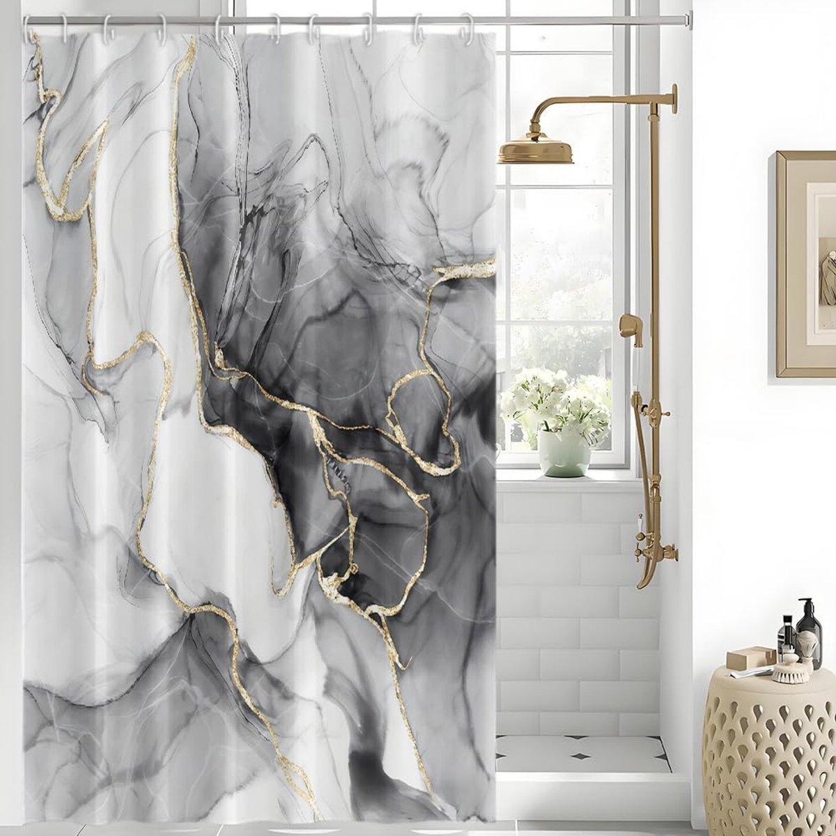 Omgoods - Schimmelbestendig Douchegordijn met Zwart Marmer Effect 150 x 200 cm