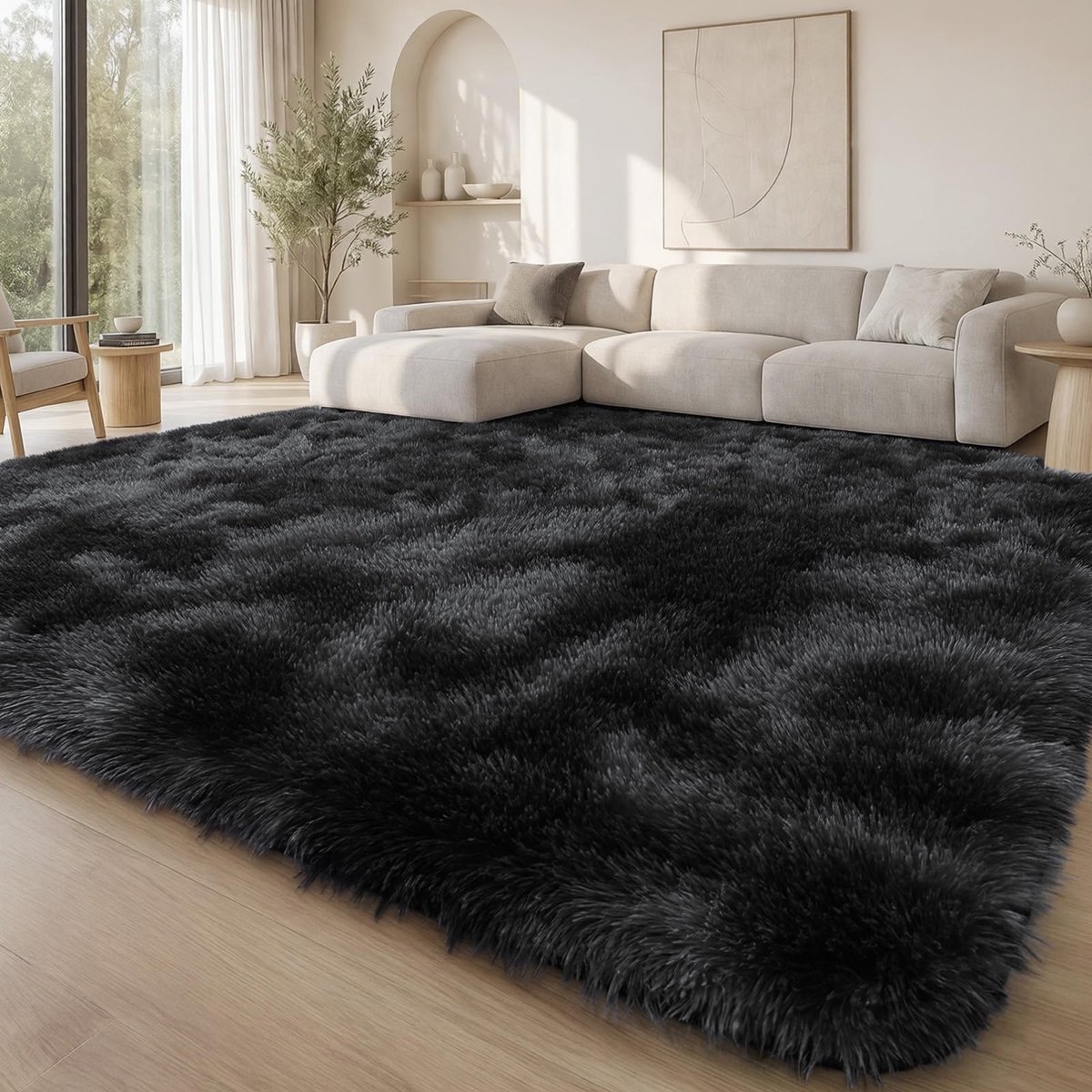 Omgoods - Fluffy Shaggy Vloerkleed 80x150 cm - Zwart en Wasbaar