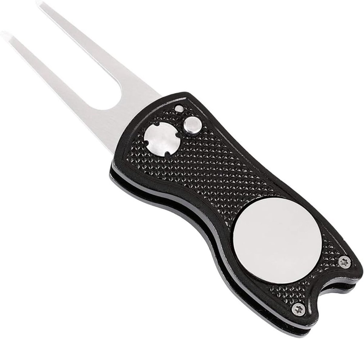 Golfreparatie, pitchvork, roestvrij staal, multifunctioneel gereedschap met pop-up knop en balmarker, switchblade golf pitchvork accessoires, draagbare golf (roestvrij staal)