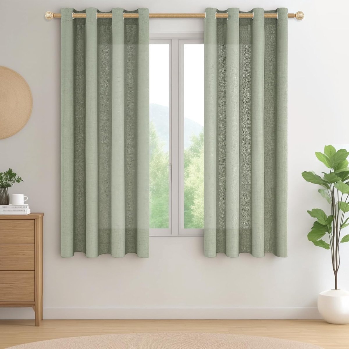Gordijnen met inslagringen, saliegroen, linnenlook, kort, raam, woonkamer, gordijn, linnen, halftransparant, set van 2, 160 cm lang, 140 cm breed, gordijnen keuken, kinderkamer, landelijke