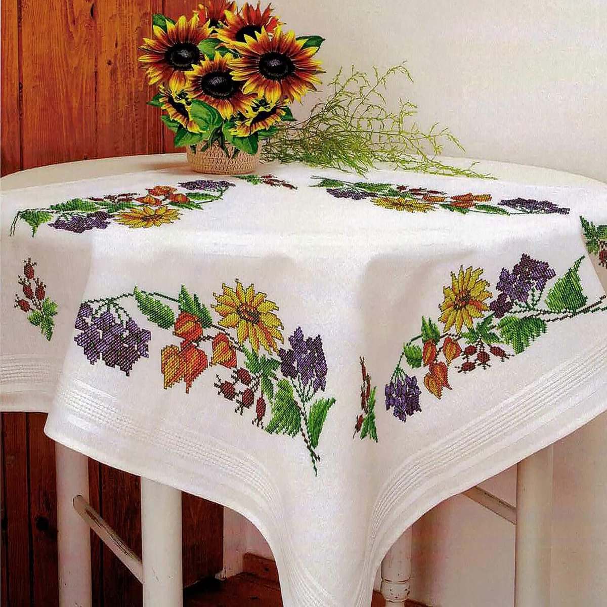 Kruissteek borduurset met voorgetekend katoenen tafelkleed zomerbloemen (tafelkleed 80 x 80 cm)