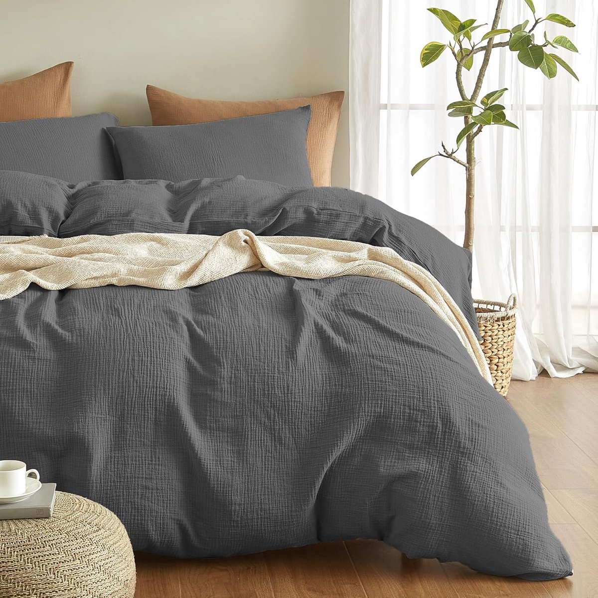 Premium mousseline beddengoedset, 200 x 200 cm, 3-delig, 100% katoen, ademend en strijkvrij, dekbedovertrek 200 x 200 cm + 2 kussenslopen 80 x 80 cm, Oeko-Tex beddengoedsets met knopen