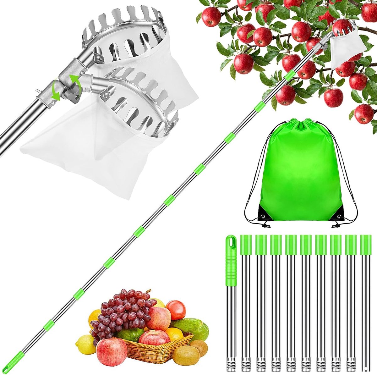4M fruitplukker met telescoopsteel - appelplukker met klapkop en katoenen zak, verstelbare plukhulp met roestvrijstalen stang, ideaal voor tuin, fruitbomen