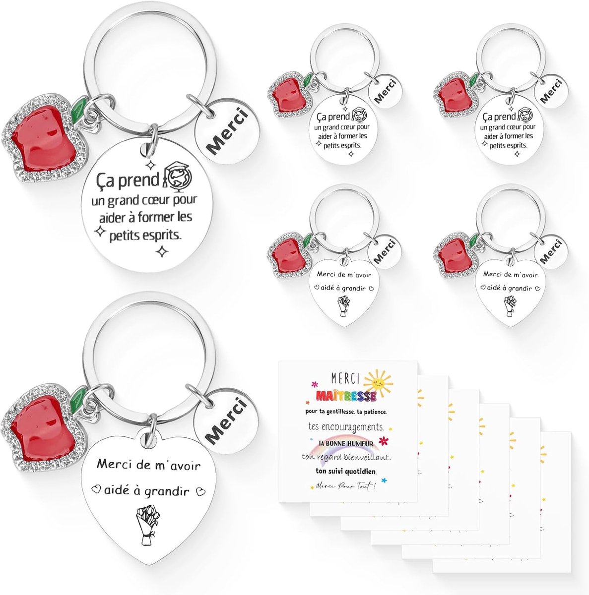 Leraar Bedank Sleutelhanger Set, Merci Maitresse, met Hartje en Bij Bedeltjes, Einde Schooljaar Cadeau