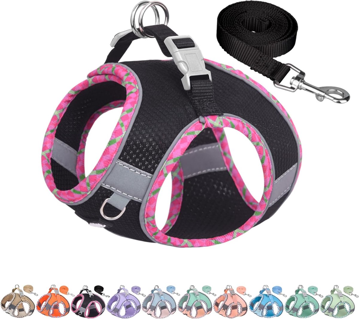 Puppytuigje en leiband, verstelbare zachte vest, magische klittenband, reflecterende veiligheidsstrips, gemakkelijk aantrekken voor poedels, pomeranians, sportschool, wandelen, reizen, zwart, S