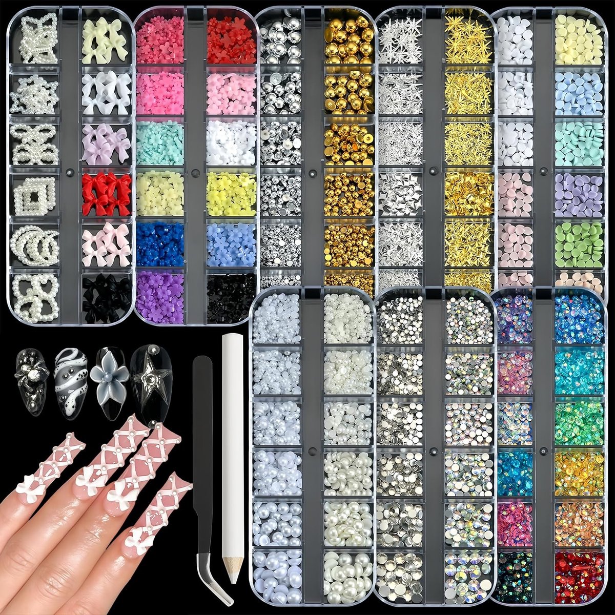 Omgoods - 8 Dozen Nagel Charms Set - Nail Art Kit met Pincet en Waskrijt