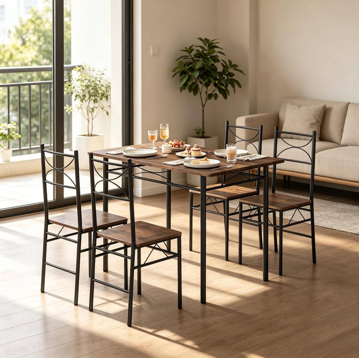 COVREO Eettafel met 4 stoelen 110x70x76 cm rustiek bruin, metaal, ruimtebesparend