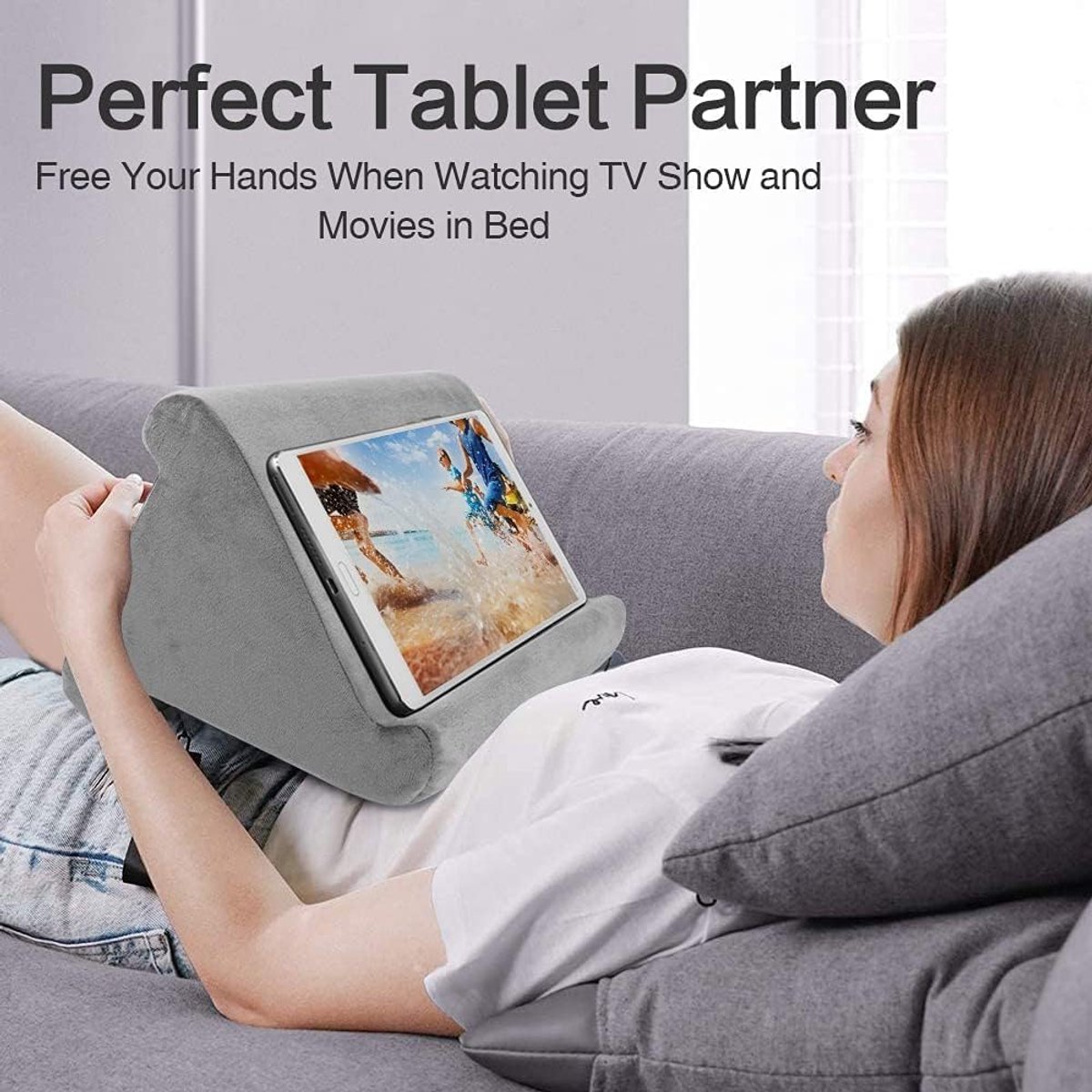 kussen, multi-hoek, draagbare driehoekige tabletstandaard voor iPad-telefoonhouder, e-reader, smartphones, tabletbank, digitale boekenlezer, boeken en tijdschriften (Gris)