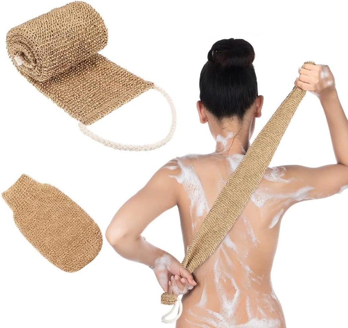 2 stuks jute rugrubber voor douche, jute rugrubber, voor lichaamscrub, rugmassage en droge massage, voor mannen en vrouwen (band + handschoenen)