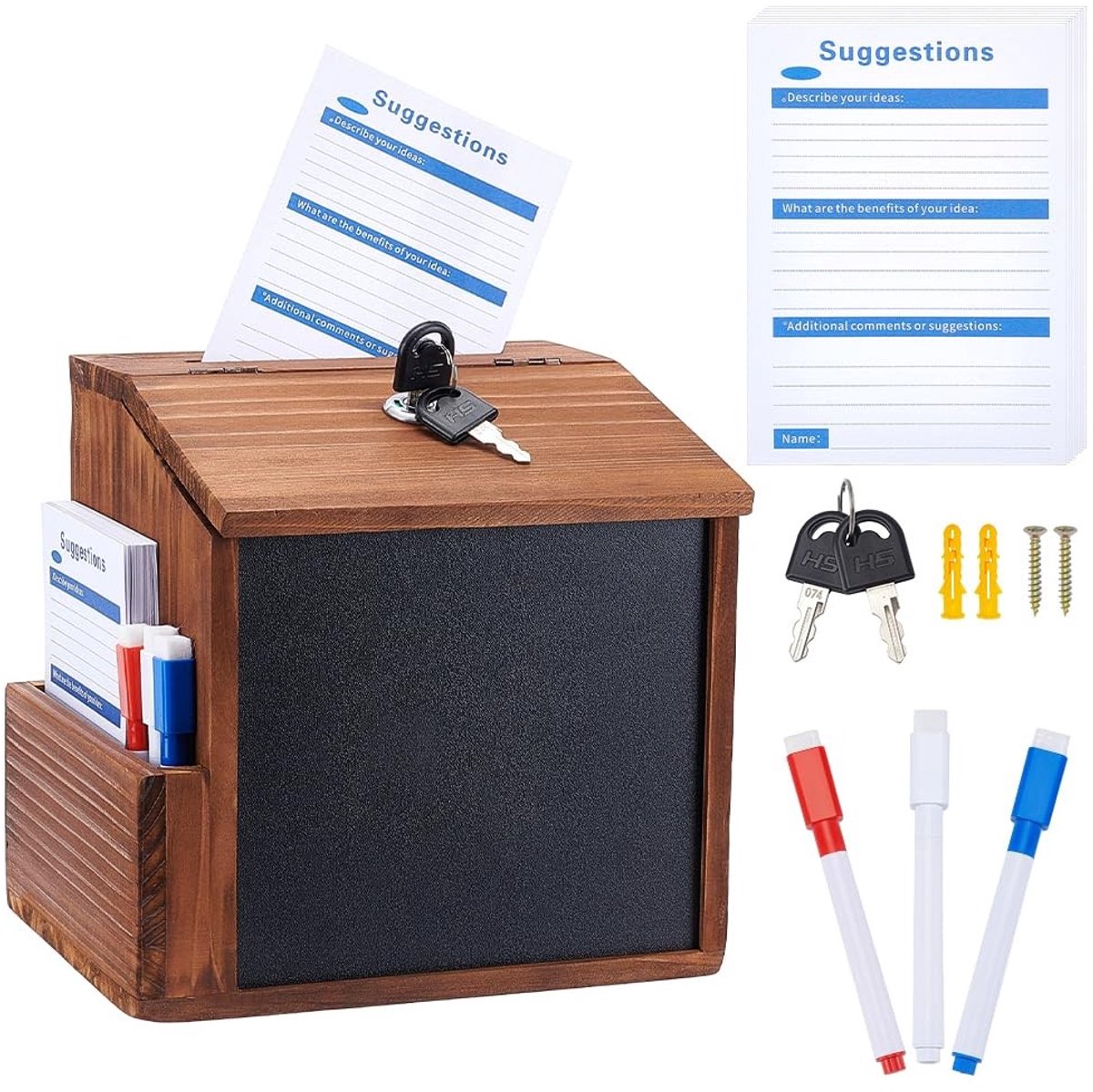 Omgoods - Houten Donatiedoos met Sleuf en Slot - Inclusief 20 Kaarten en 50 Pennen