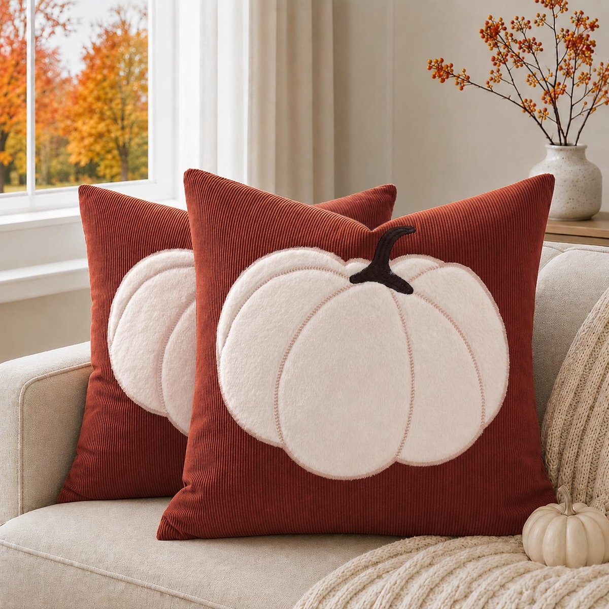 Omgoods - Kussenhoezen Herfst Set van 2 45x45cm - Zachte Corduroy Kussenhoezen met Pompoen Motief voor Woonkamer en Slaapkamer