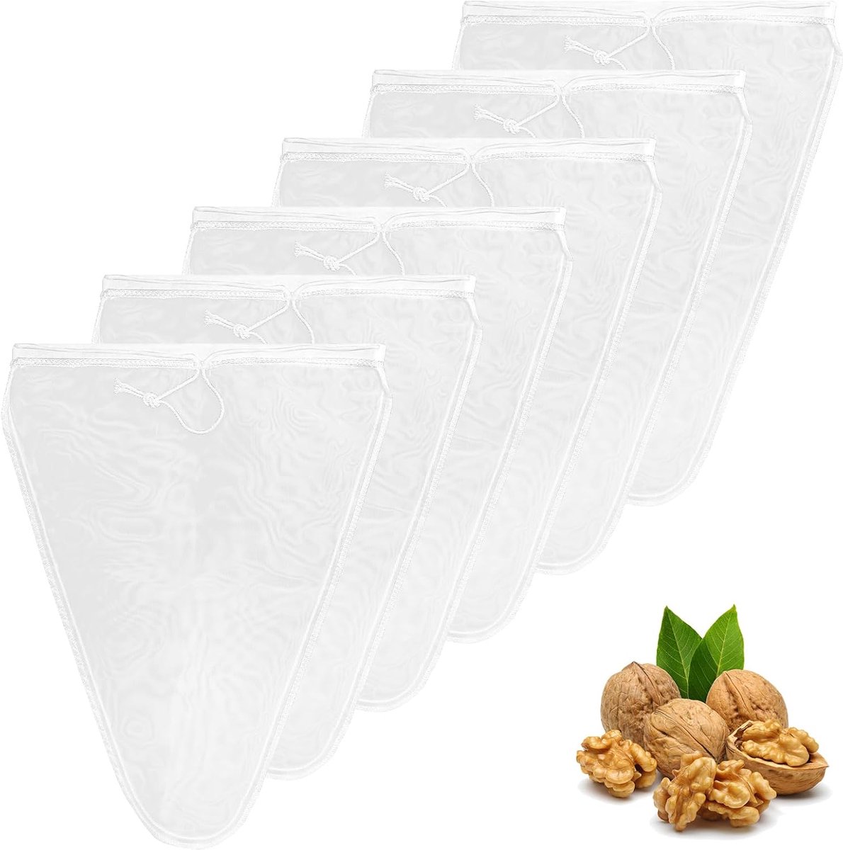 Notenmelkzakjes, natuurlijke hennepzakjes, zeef, 28 x 30 cm, herbruikbare passeerdoek, met trekkoord, voor notenmelk, zelfgemaakte kaas, fruitsap, koffie, driehoekige vorm, 6 stuks
