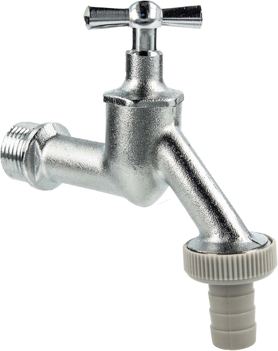 tecuro Uitloopventiel 1/2 inch, knevelbovendeel, slangtuit - messing mat verchroomd - 22712