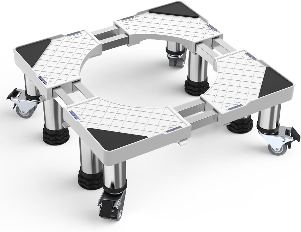 Onderstel voor wasmachine met 4 wielen + 4 poten, berenbelasting 300 kg | Voetstuk voor wasmachine, droger, koelkast, verstelbare breedte 48-65 cm, hoogte 14-17 cm, antislip, schokabsorberend