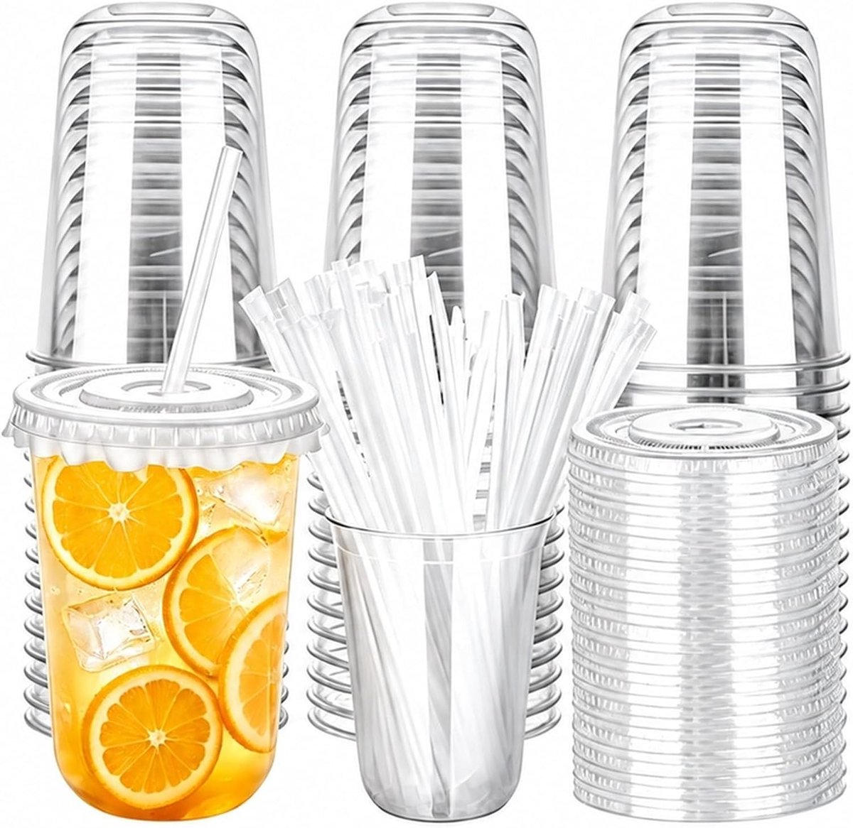 Plastic Bekers met Deksel, 50 stuks 480ml (16oz), Smoothie Bekers met Herbruikbaar Rietje, Kunststof Bekers voor Koudedranken, Sap, Cocktail, Milchthee, Vaatwasmachinebestendig