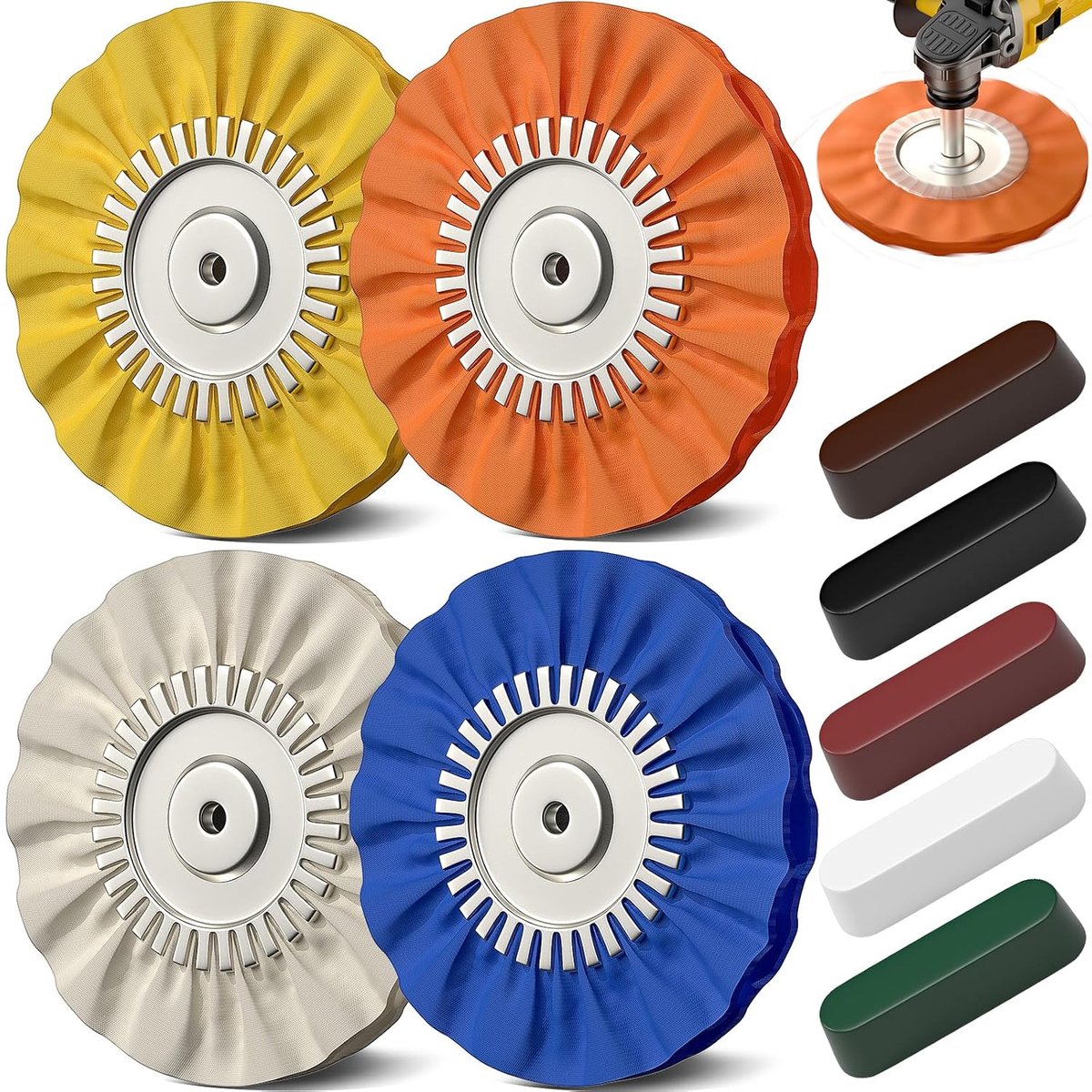 9 stuks Airway-polijstschijvenkit voor auto, 20,3 cm airway polijstwielen voor haakse slijper, boor, aluminium metaal polijstwiel en compound kit voor spiegelafwerking (5/8 inch boorgat)