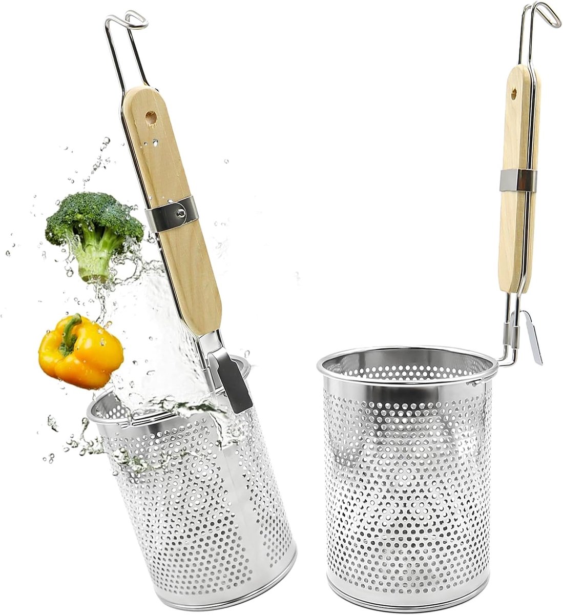2 stuks roestvrijstalen pastamand 12 cm microgeperforeerde pastazeef met houten handvat ramen zeef metalen pastazeef mand keukenzeef voor spaghetti knoedels frituren koken steaming