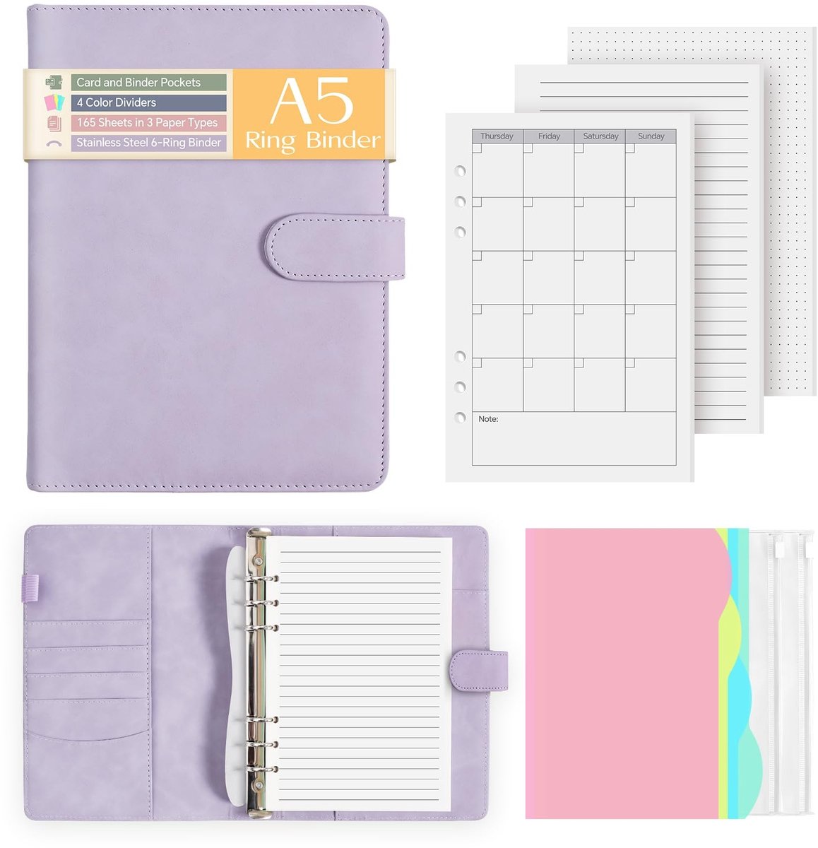 Omgoods - A5 Ringbinder met 165 Vellen en Leer - Inclusief Dividers en Pockets