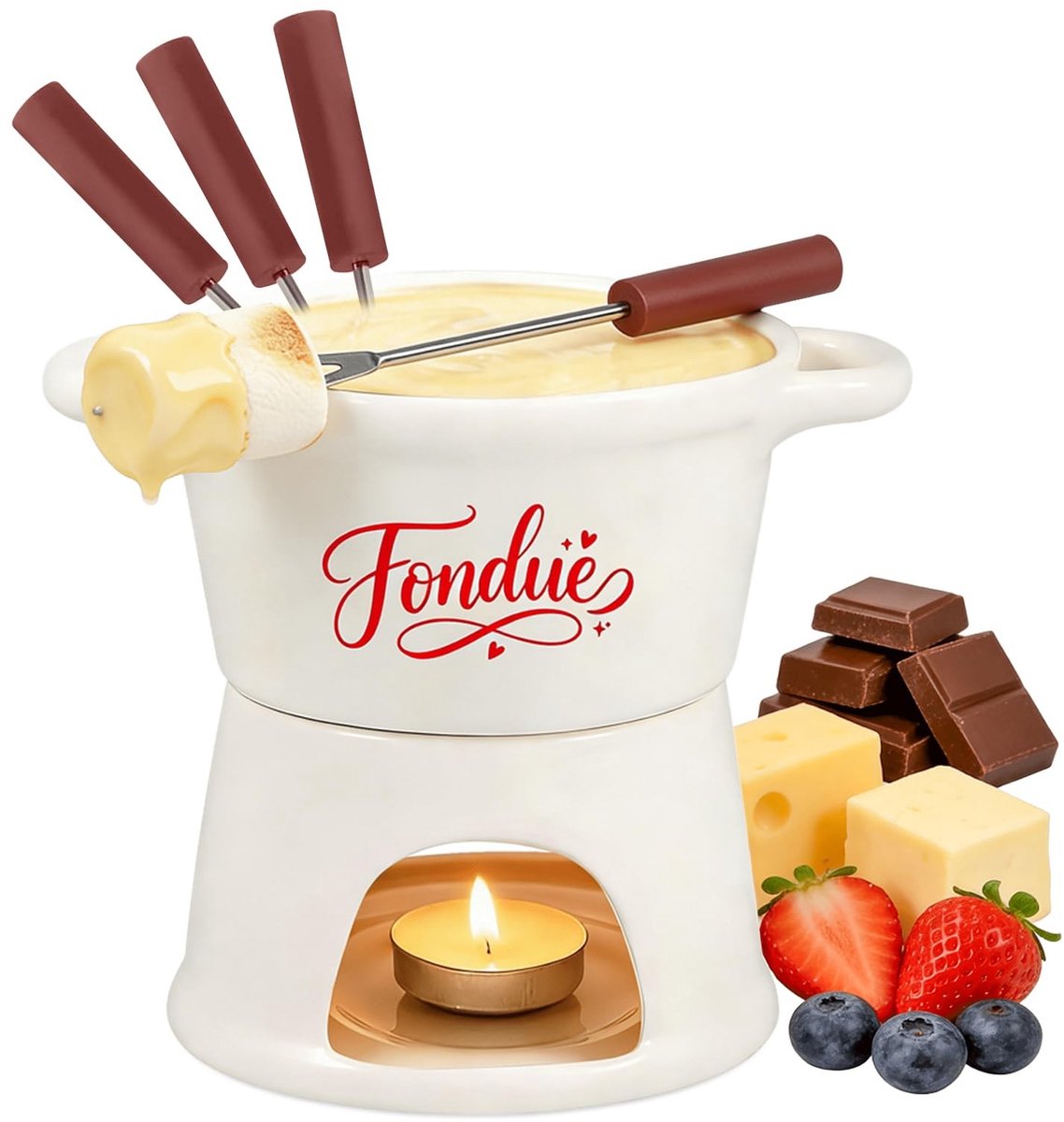 Omgoods - Mini Kaasfondueset met Vorken en Porseleinen Pot