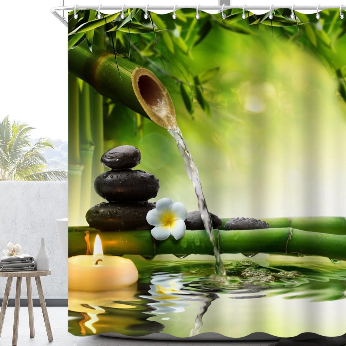 Omgoods - Douchgordijn 180 x 200 cm met Zen Spa Design, Waterproof en Machinewasbaar