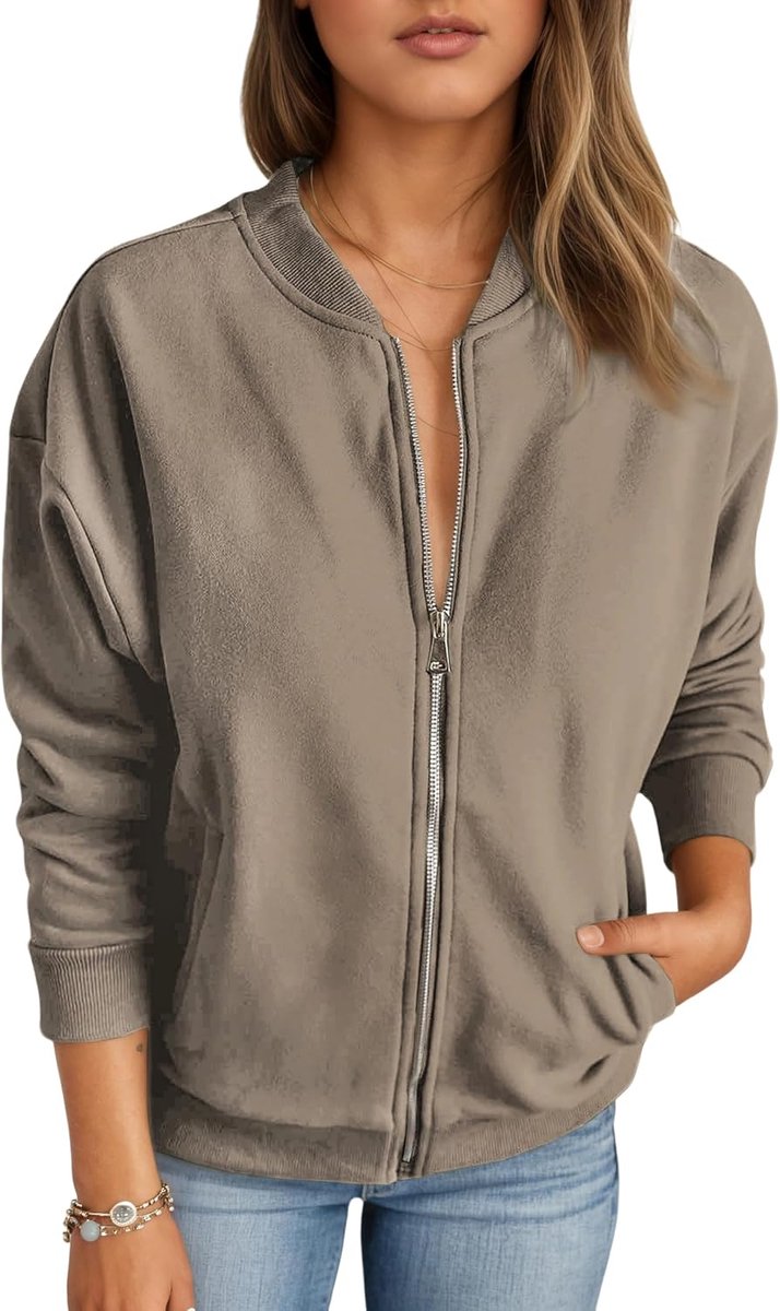 Sweatshirt met rits voor dames, casual sweatjack, overgangsjas, lente, herfst, blouson jas met college-kraag, outwear, effen bomberjack