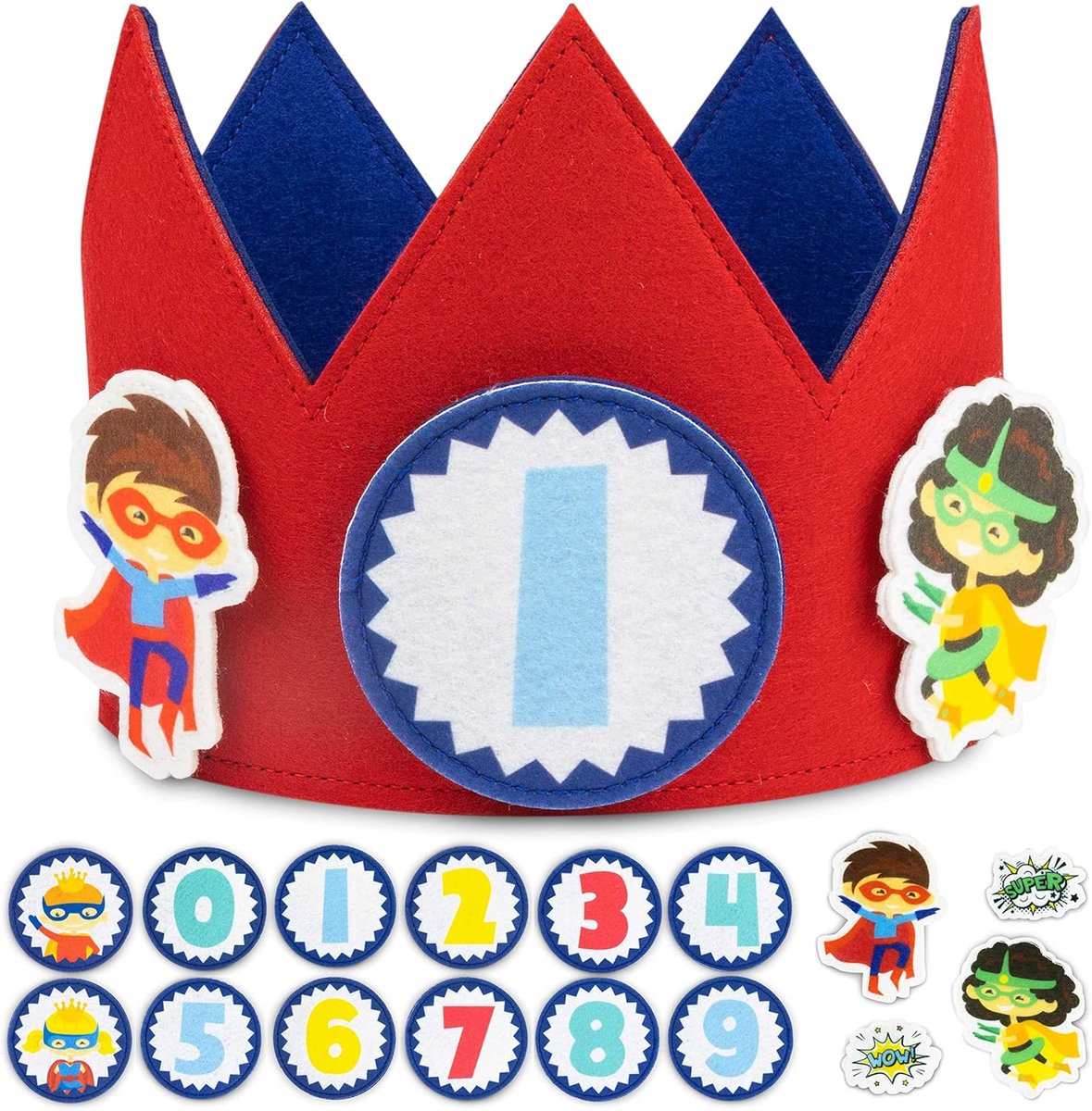 Superhelden Verjaardagskroon met Verwisselbare Getallen van 0 tot 9 en Themafiguren. Verjaardagsgeschenken, 1ste Verjaardag Jongens Meisjes. Superhelden Feestdecoraties, 1ste Verjaardagskroon
