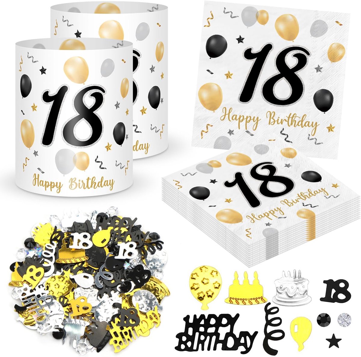 Servetten 18e verjaardag + 12 stuks tafeldecoraties lantaarn 18e + 500 stuks confetti decoratie 18e verjaardag goud zwart 18e verjaardag tafeldecoratie 18e verjaardag Happy Birthday