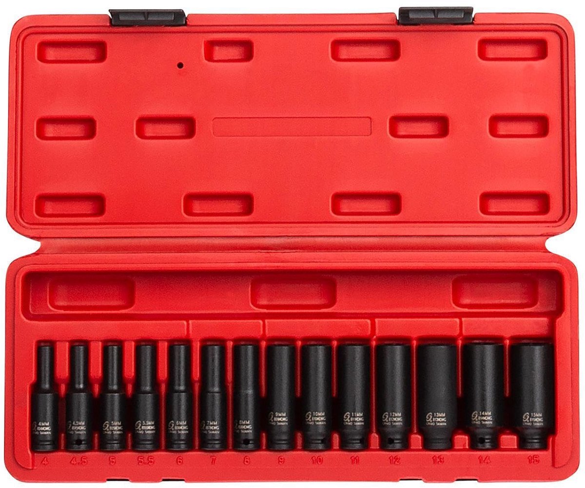 SnelShoppen - 1/4 Inch Aandrijving Diepe Magnetische Impact Socket Set - 14-delig Metrisch Cr-Mo Gelegeerd Staal - Heavy Duty Opbergkoffer - 4mm tot 1