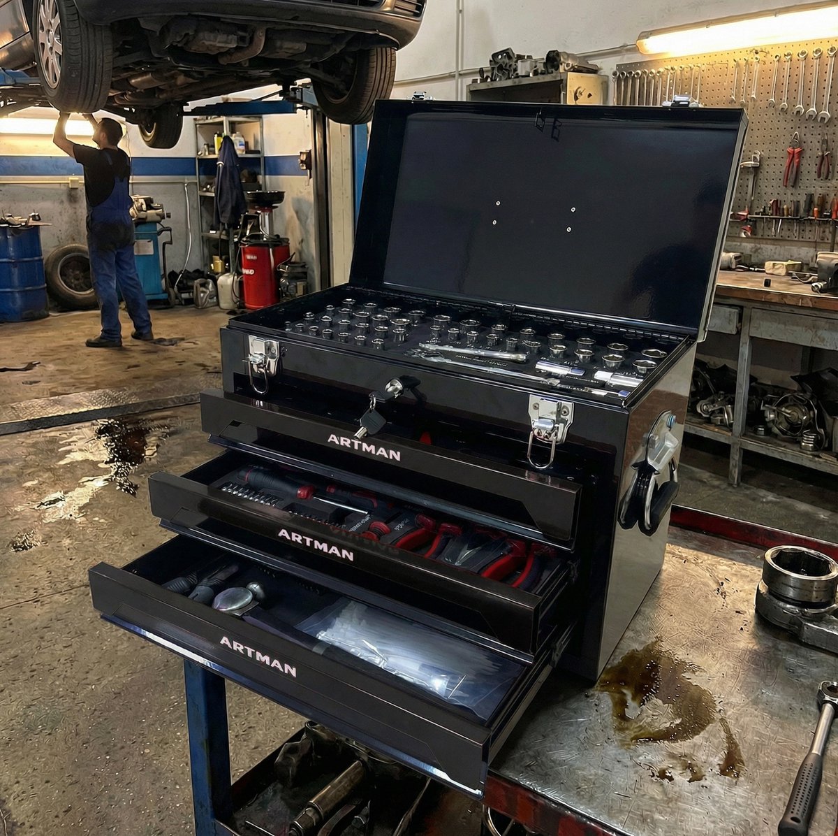 REDOM - Gereedschapskoffer - 3 lades met kogelgelagerde ladegeleiding - Metalen sluitingen - Stalen constructie met poedercoating - Handgreep - Zwart - 50 x 27 x 35 cm