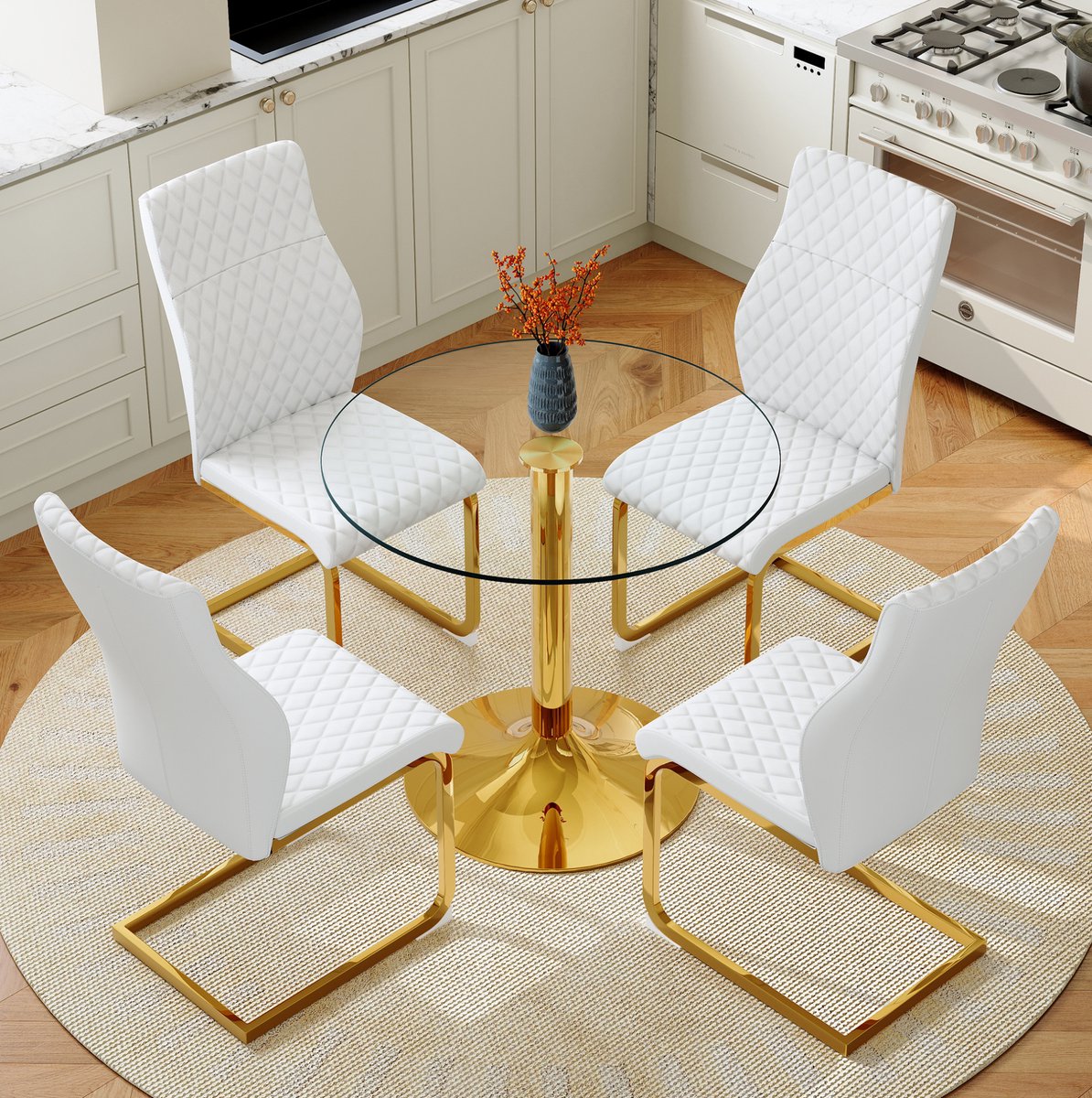 REDOM - Set tafel en stoelen - Ronde glazen eettafel met 4 stoelen - Gehard glas en metalen frame - Modern licht luxe - Eetkamer - Metaal - Transparant Wit Goud - 85 cm
