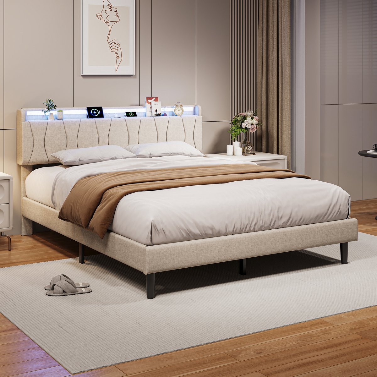 Gestoffeerd bed 160x200 cm beige linnen met RGB LED, USB-C laadpoorten en houten lattenbodem