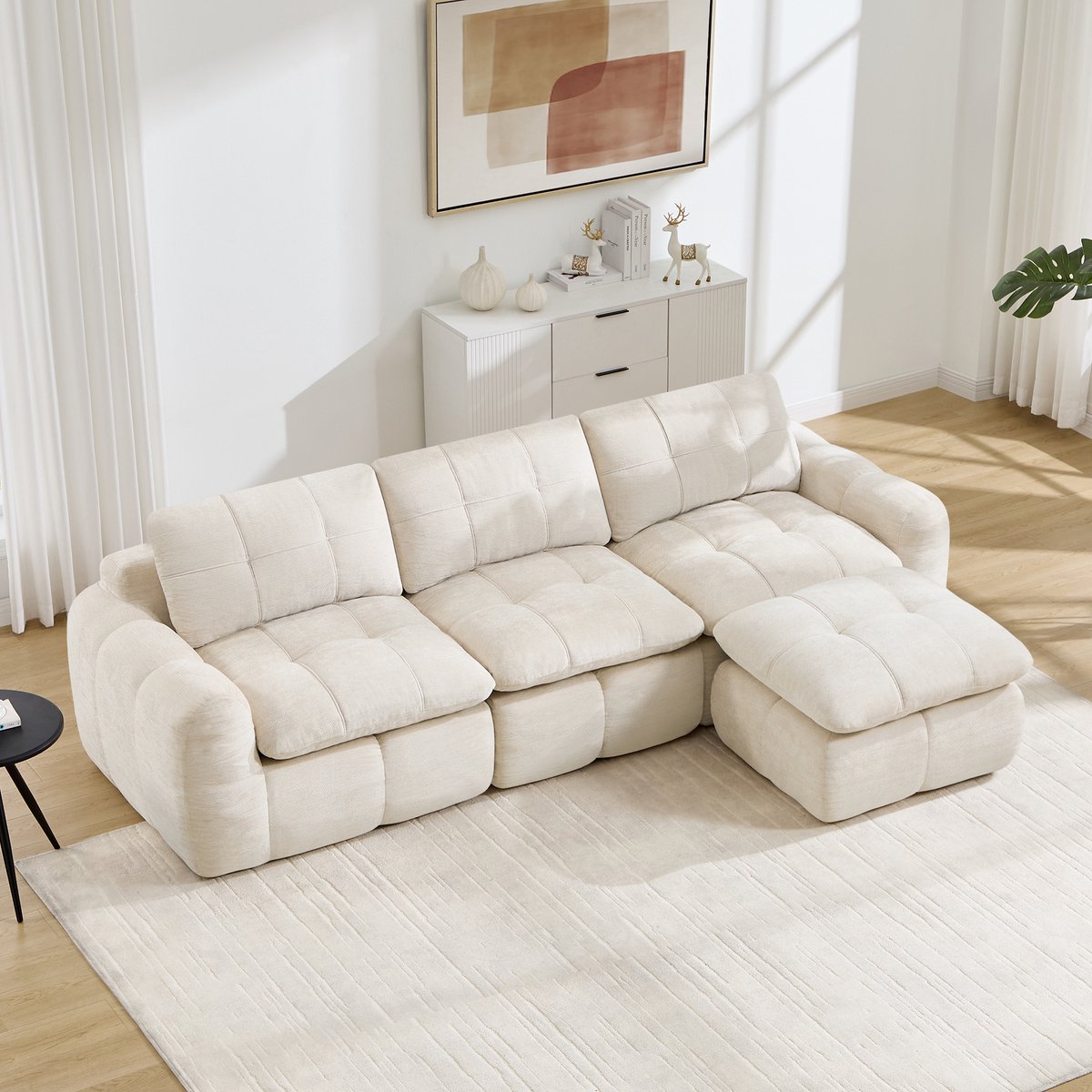 Moderne Hoekbank, L-Bank, 3-Zits bank, 3-Zits L-Vormige, Frameloze Modulaire Bank, Huidvriendelijke Zachte Chenille Bekleding, 32D Schuimvulling Met Hoge Dichtheid, Montagevrij, Inclusief 1 Poef, Geschikt Voor Woonkamers En Appartementen,Beige