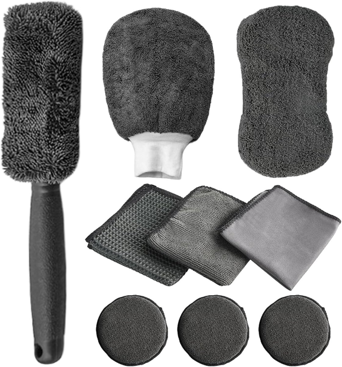 SnelShoppen - Auto Reinigingsset 9-delig, Complete Auto Onderhoud Kit met Velgenborstel, Multifunctionele Schoonmaakdoeken, Polijstpad en Spons, Inter