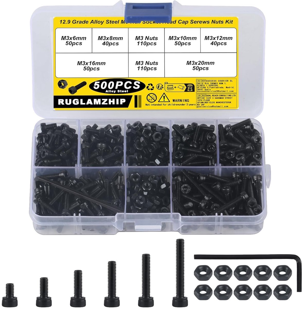 SnelShoppen - 500pcs M3 Schroeven Set, Allen Schroeven en Moeren, Hex Hoofd Bout Cilinder Schroeven Assortiment, Machine Schroeven met Moeren, Duurzaa