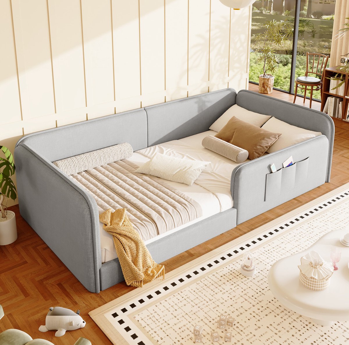 MIVRAY Bedframe 90x200 cm Zonder Matras Grijs - Stoffen Eenpersoonsbed Met Opbergtas En Uitvalbeveiliging - MDF En Stof