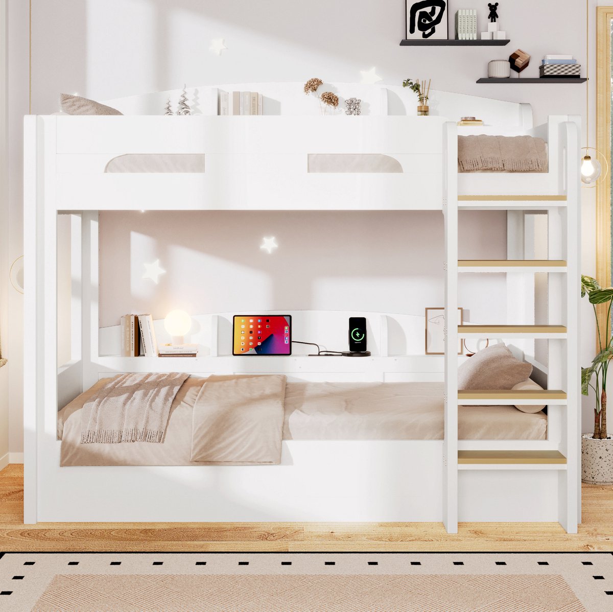 MIVRAY Stapelbed 90x200 Zonder Matras - Hoogslaper Met USB En Opbergruimte - Voor Kinderkamer En Jeugdkamer - MDF - Wit