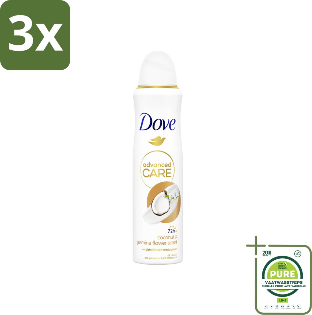 3 x Dove Deodorant Spray - Advanced Care - Kokos & Jasmijnbloem - 150 ml - Grootverpakking - Deodorant Spray - Anti-transpirant - Kokos - Jasmijn - Langdurige Frisheid