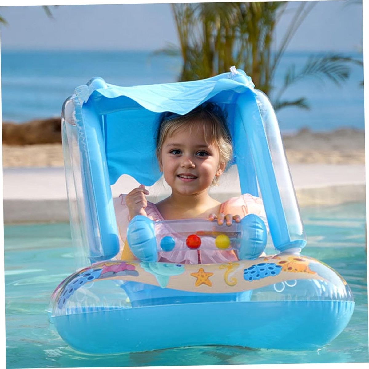 1 stuk - Babyzwemmat met zonnescherm - Dierenprint - Opblaasbare zwemring - Waterspeelmat - 60*60*58 cm - Voor baby's en peuters van 0 tot 6 maanden om in het water te spelen - Blauw – foto 6