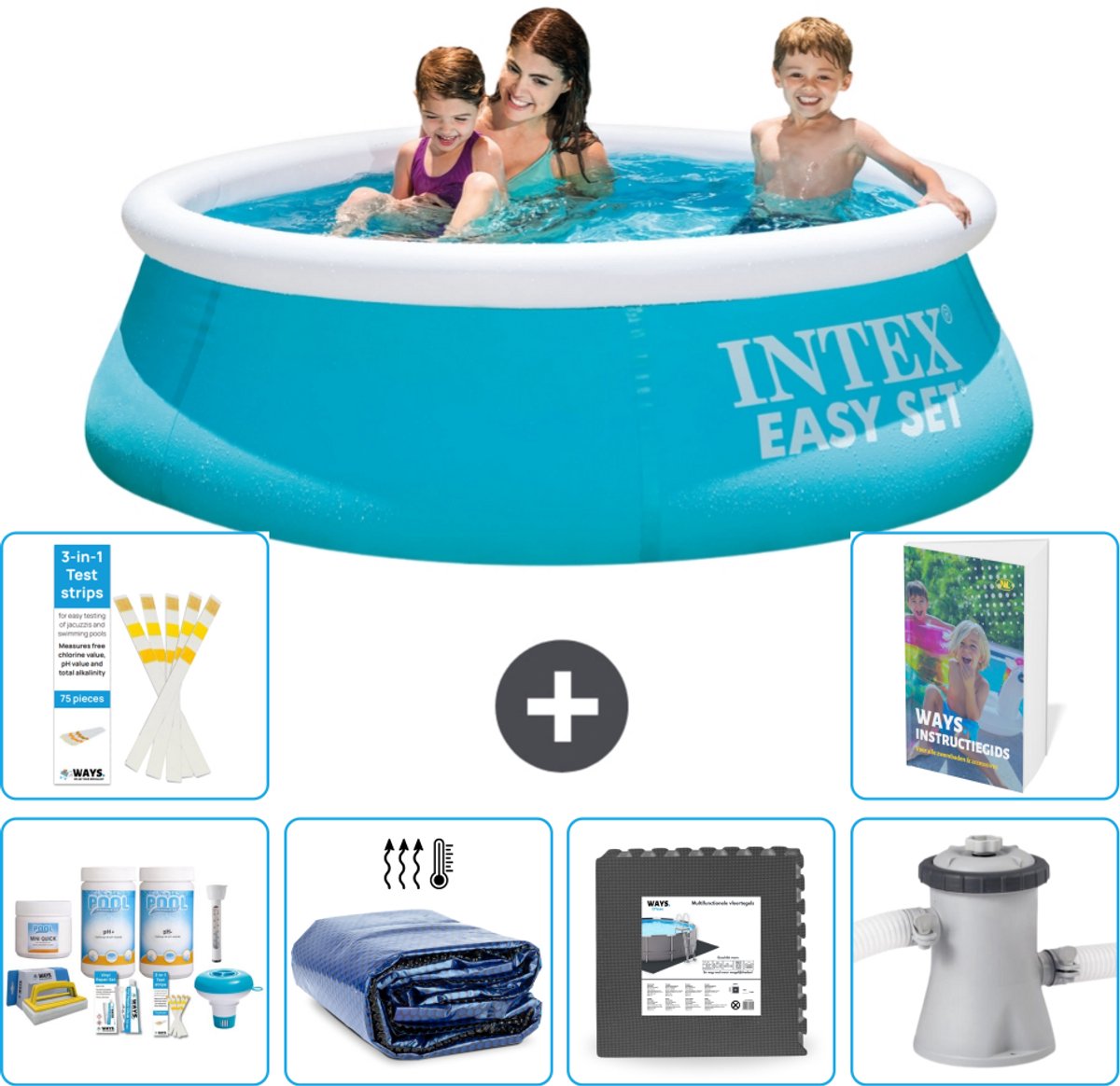 Intex Rond Opblaasbaar Easy Set Zwembad - 183 x 51 cm - Blauw - Inclusief Onderhoudspakket - Solarzeil - Vloertegels - Zwembadfilterpomp - 7-delig