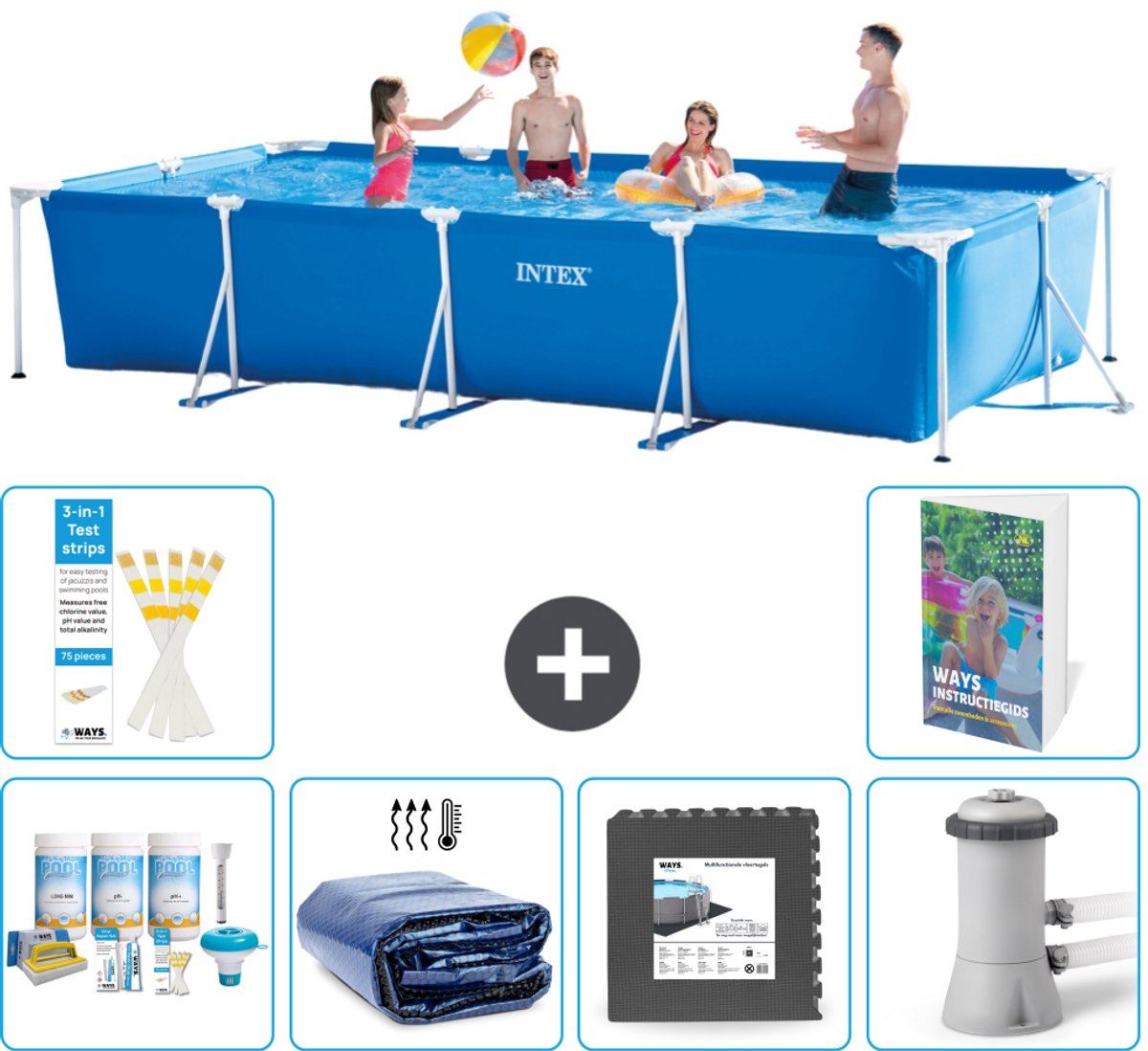 Intex Rechthoekig Frame Zwembad - 450 x 220 x 84 cm - Blauw - Inclusief Onderhoudspakket - Solarzeil - Vloertegels - Zwembadfilterpomp - 7-delig