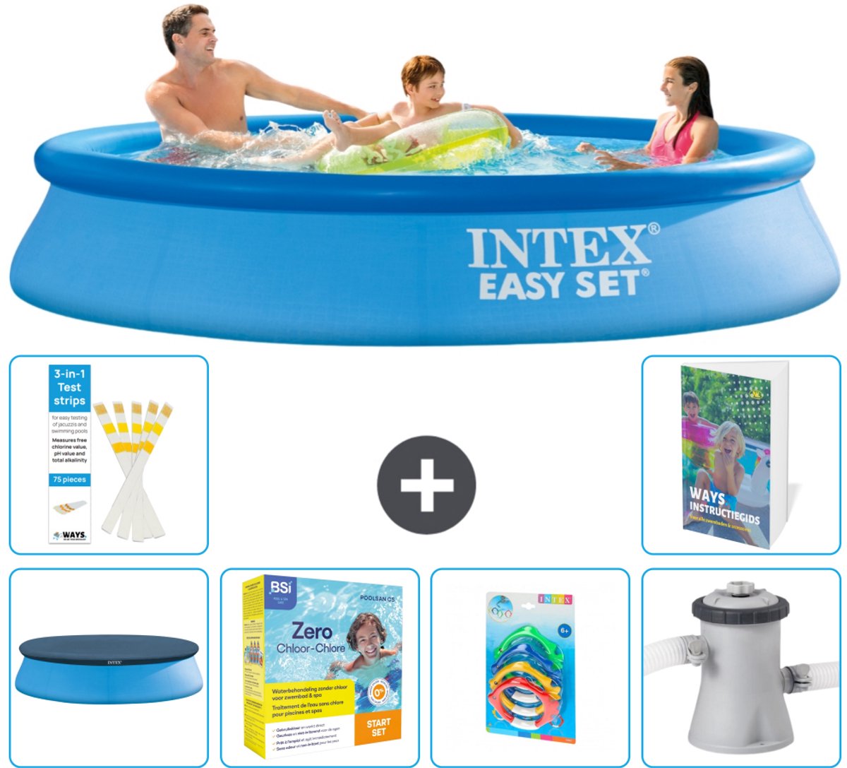 Intex Rond Opblaasbaar Easy Set Zwembad - 305 x 61 cm - Blauw - Inclusief Afdekzeil - Onderhoudspakket - Speelgoed - Zwembadfilterpomp - 7-delig