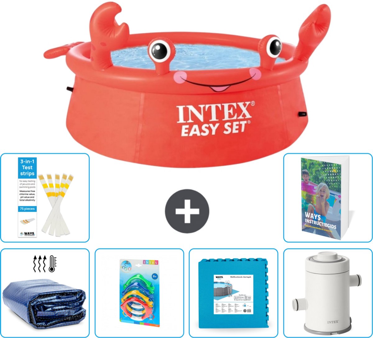 Intex Rond Opblaasbaar Easy Set Zwembad - 183 x 51 cm - Rood - Krab - Inclusief Solarzeil - Speelgoed - Vloertegels - Zwembadfilterpomp - 7-delig