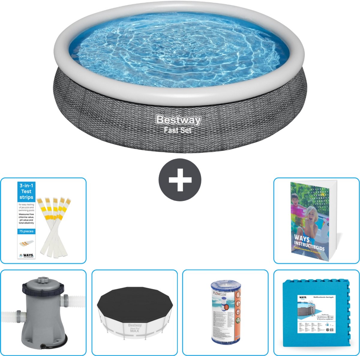 Bestway Rond Opblaasbaar Fast Set Zwembad - Rotanprint - 366 x 76 cm - Inclusief Pomp - Afdekzeil - Filter - Vloertegels - 7-delig