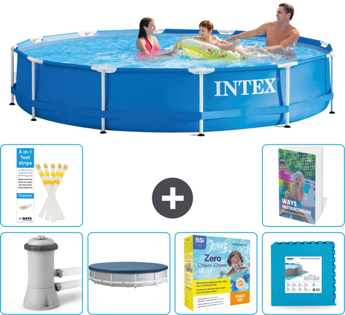Intex Rond Frame Zwembad - 366 x 76 cm - Blauw - Inclusief Pomp - Afdekzeil - Onderhoudspakket - Vloertegels - 7-delig