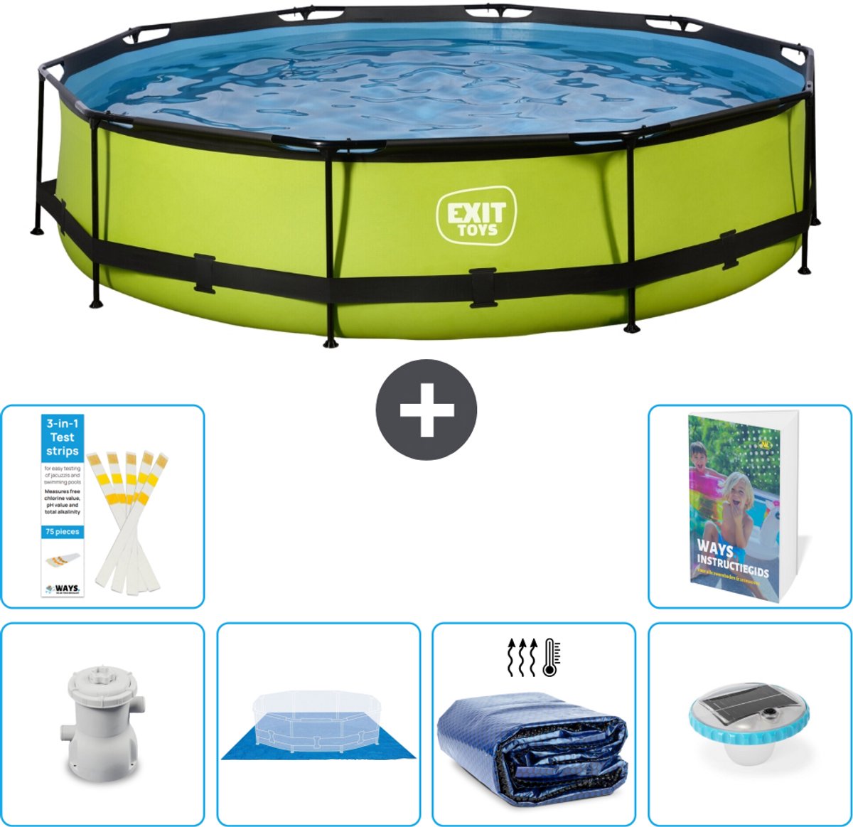 EXIT Rond Lime Frame Zwembad - 360 x 76 cm - Inclusief Pomp - Grondzeil - Solarzeil - Verlichting - 7-delig